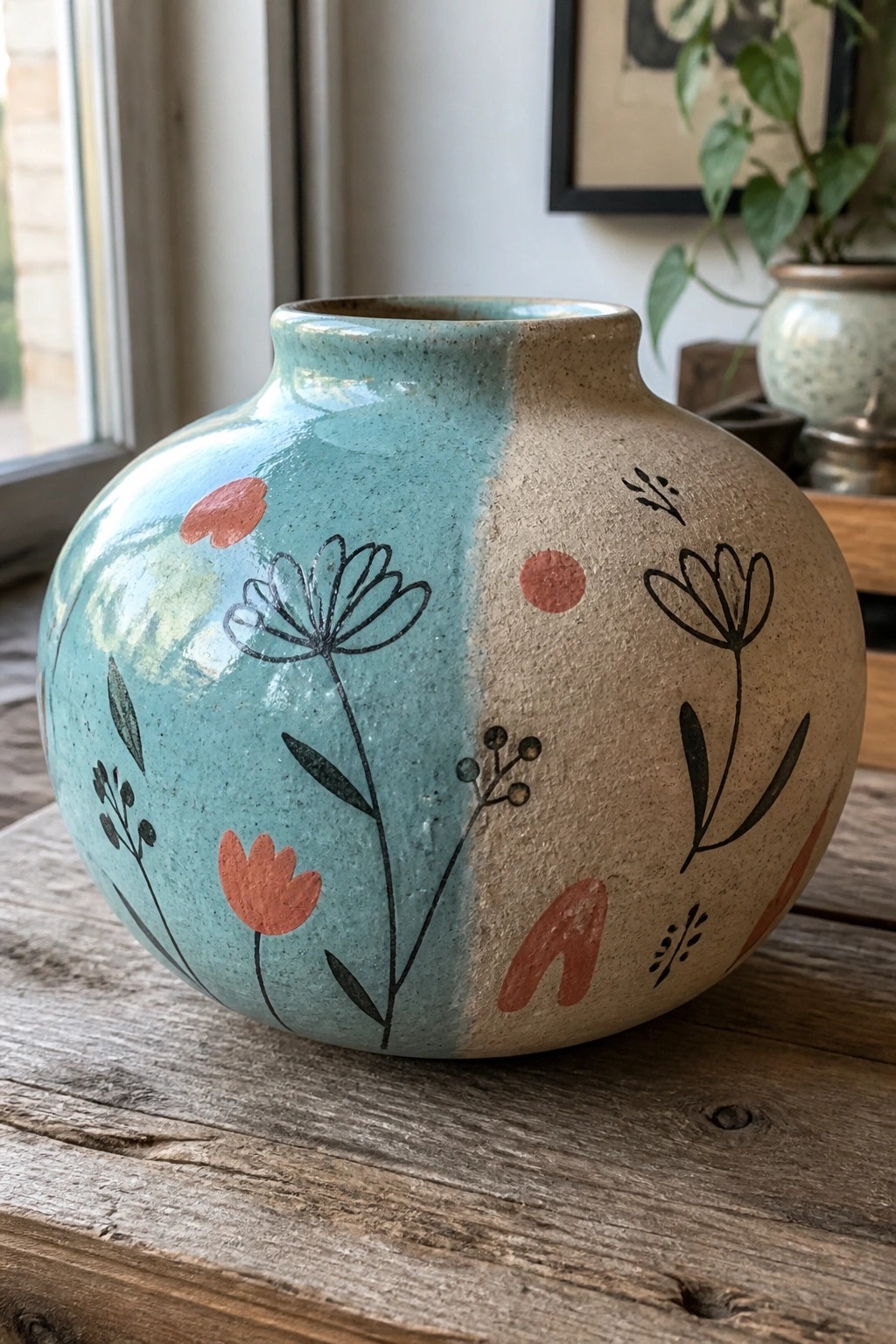 Two-toned turquoise and beige ceramic vase with black and coral floral patterns on wood.