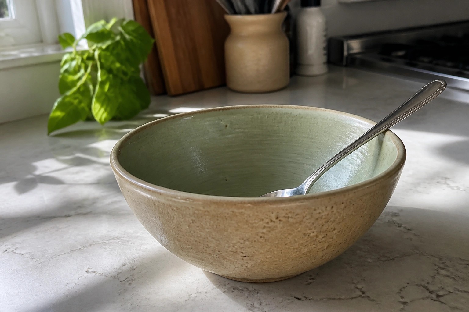 Green ceramic bowl with spoon on sunlit marble kitchen counter by window