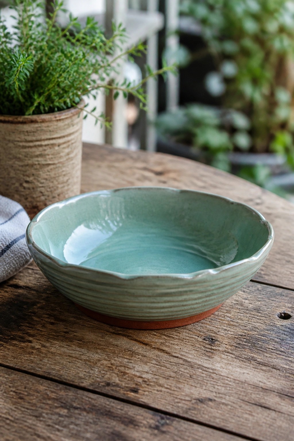 Light green ribbed bowl on rustic wooden table beside potted herb and striped cloth