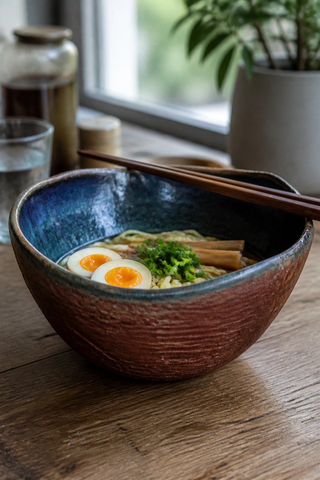 Rustic red and blue ceramic bowl of ramen with egg, greens, and chopsticks on wood table