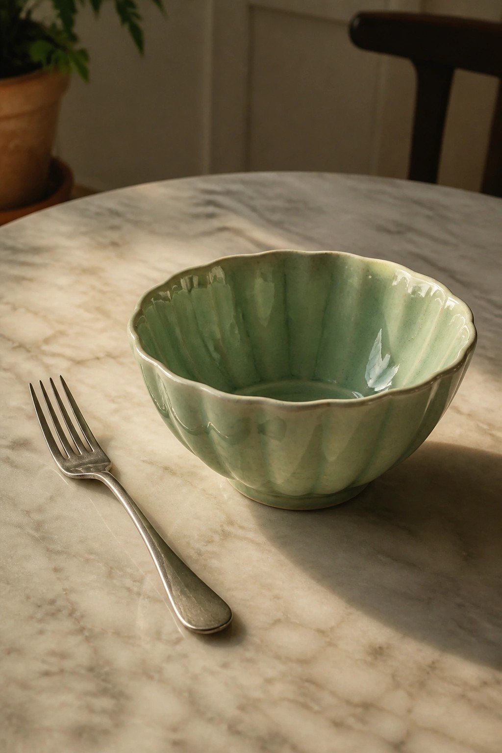 Light green scalloped ceramic bowl beside silver fork on marble table