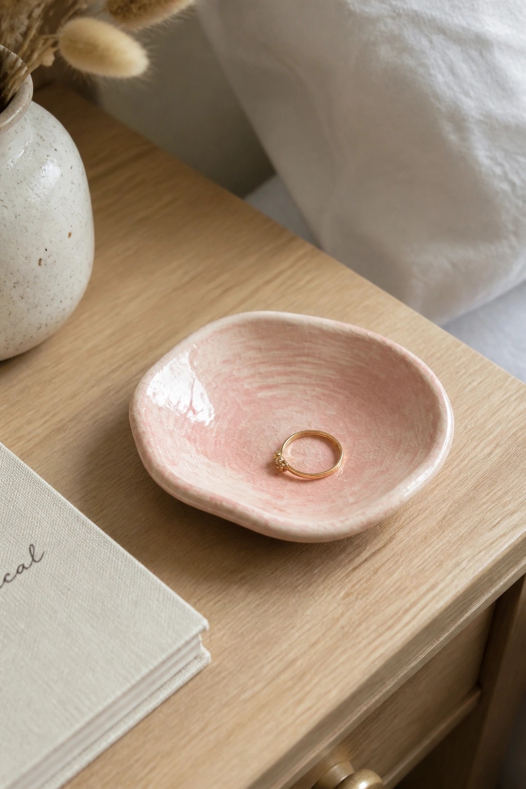 Gold ring in pink ceramic dish on wooden nightstand beside vase and book