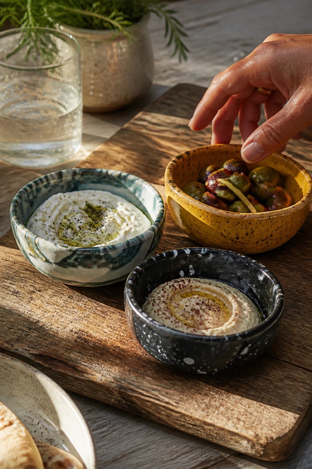 Hand picking olives beside two bowls of hummus on rustic wooden board