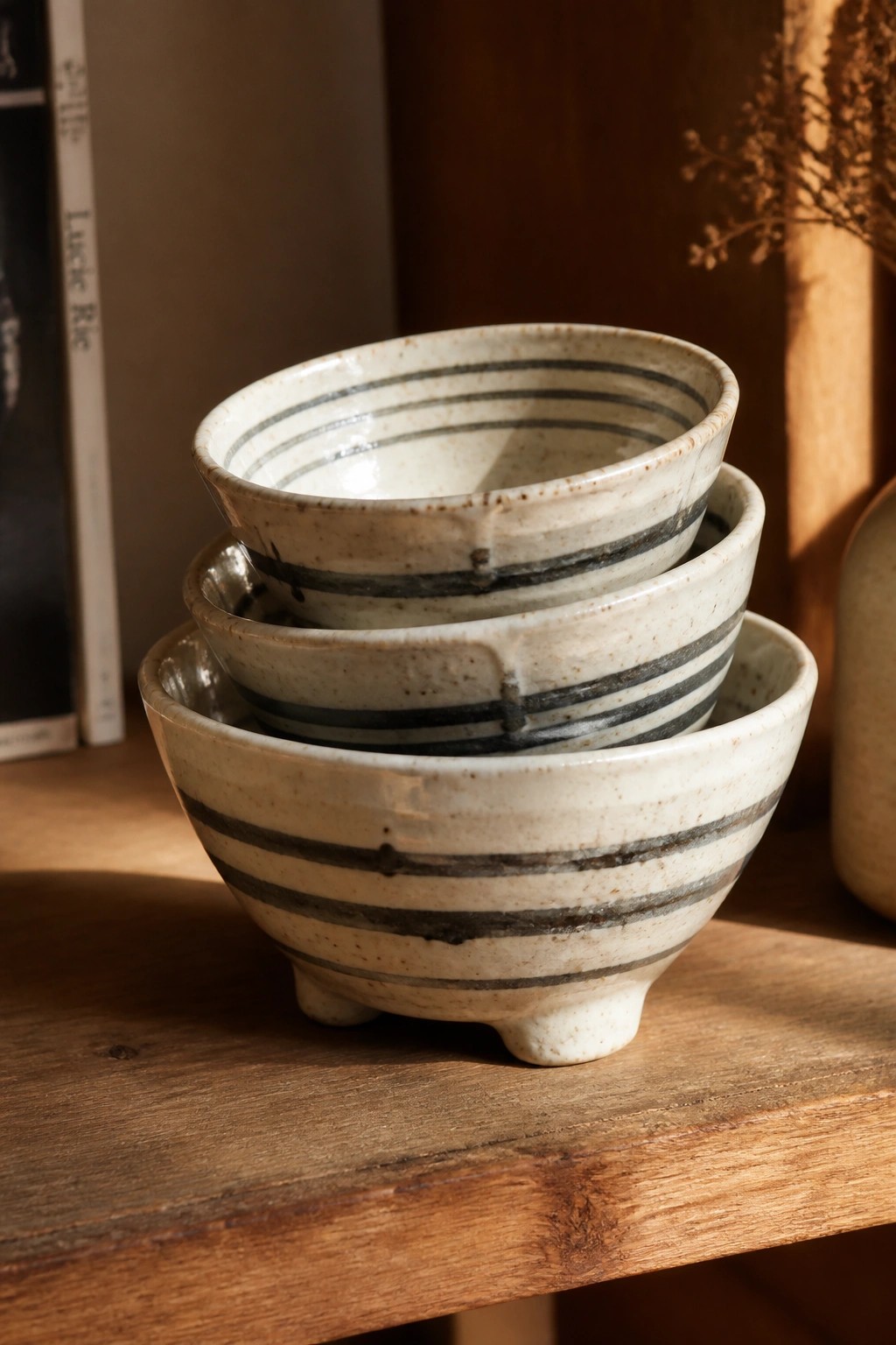 Three stacked ceramic bowls with gray stripes on a wooden surface