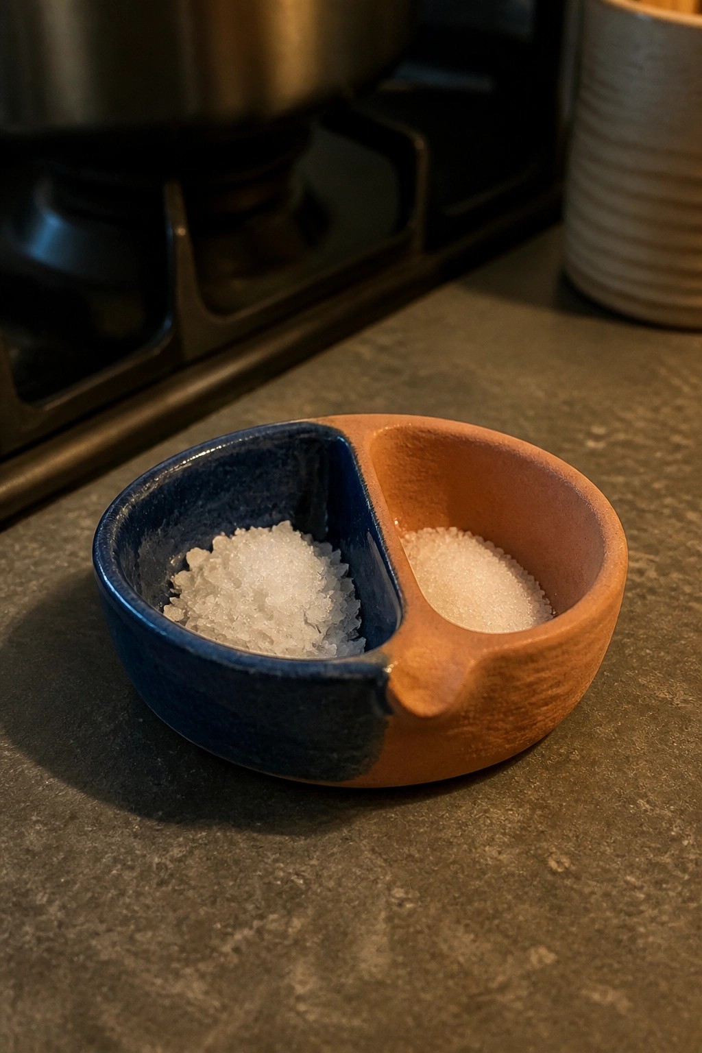 Two-toned ceramic bowl with blue and terracotta sections holding white salt crystals.