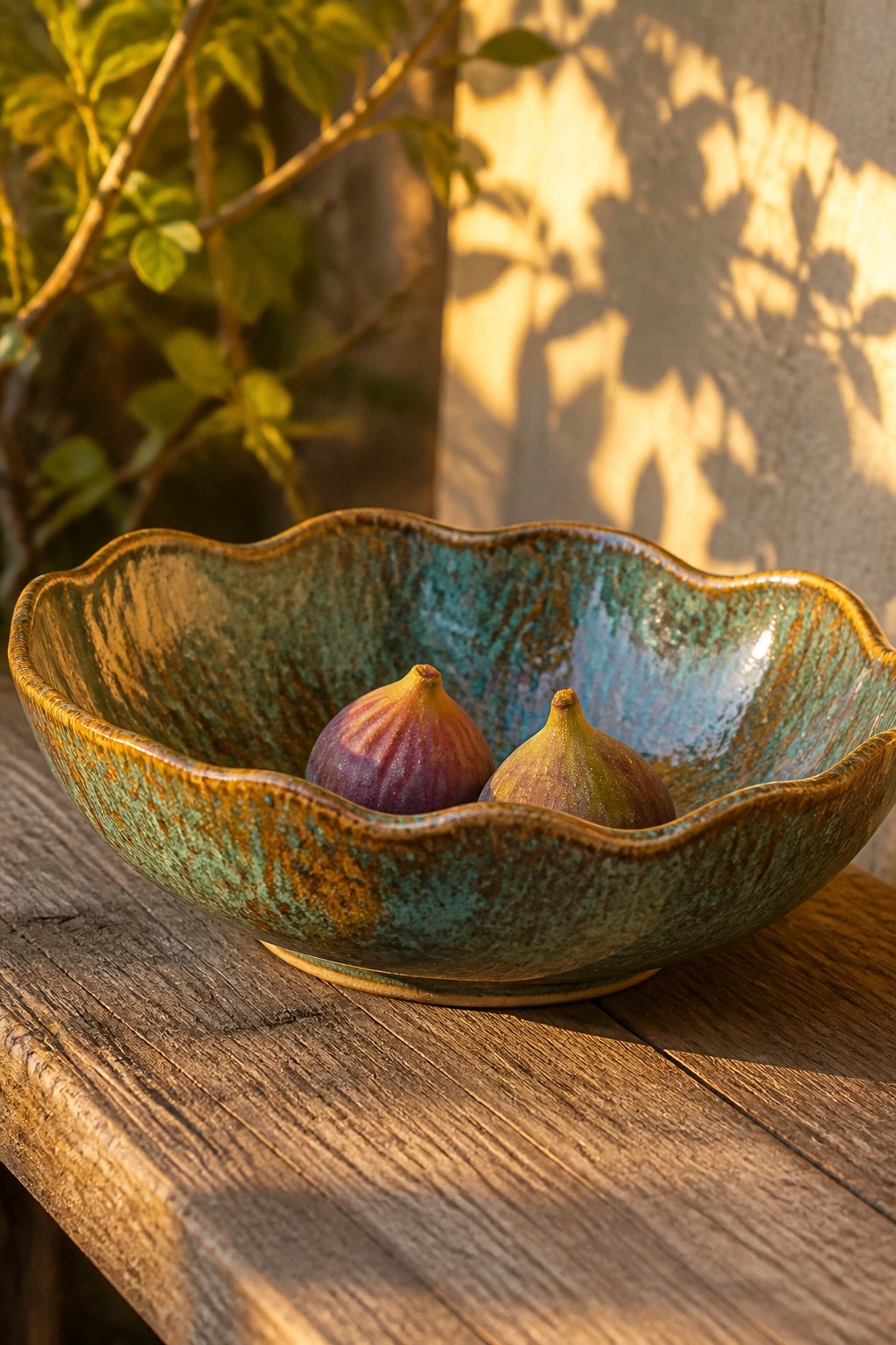 Turquoise ceramic bowl with scalloped rim holding two figs on wooden table
