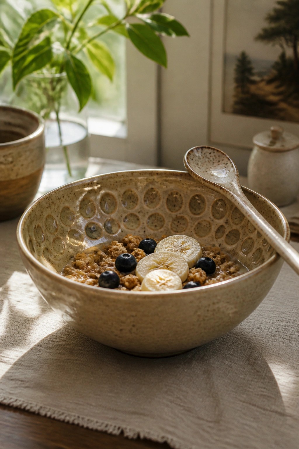 Ceramic bowl of oatmeal topped with bananas and blueberries, wooden spoon on rim