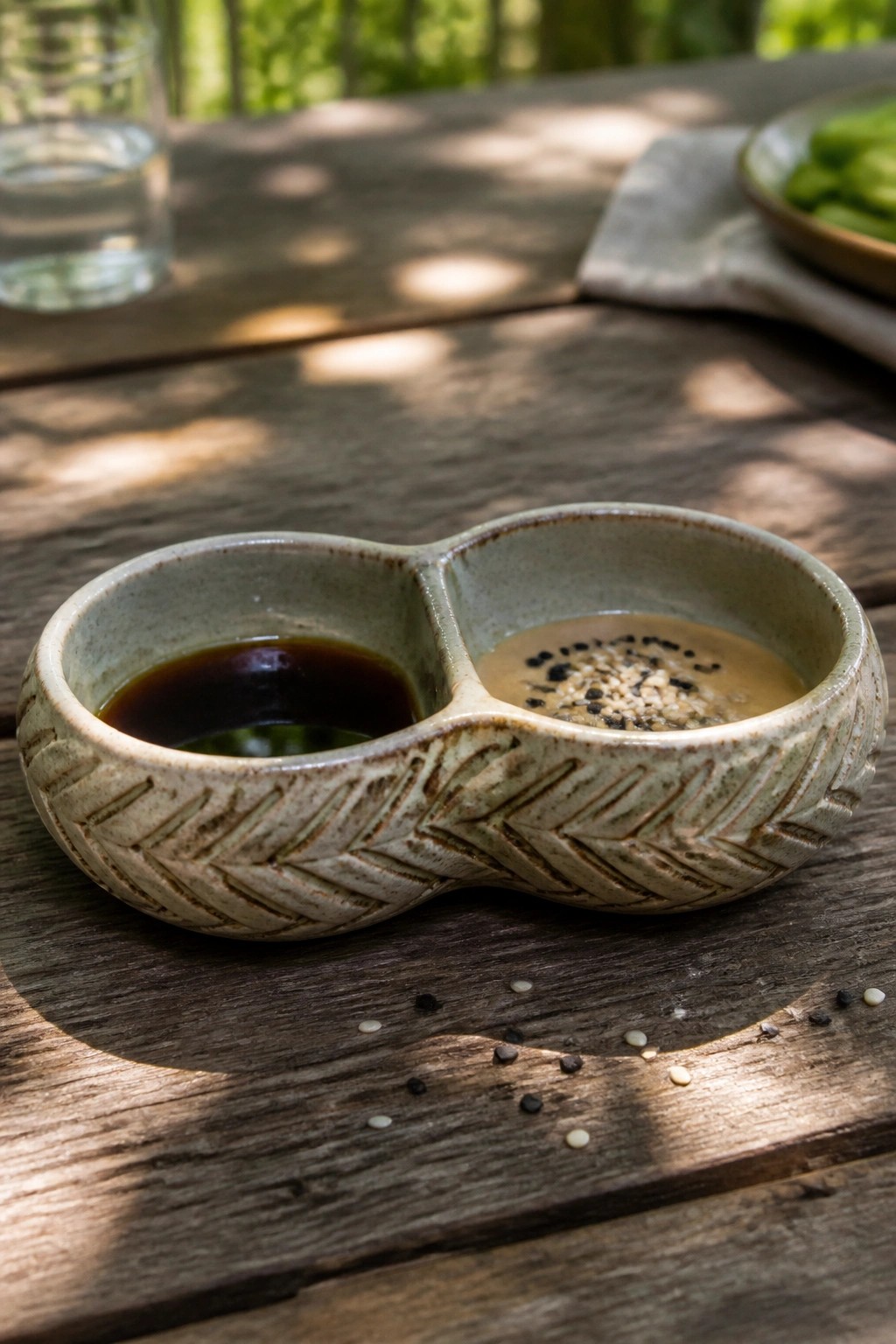 Ceramic two-compartment bowl with dark sauce and sesame dip on wooden table