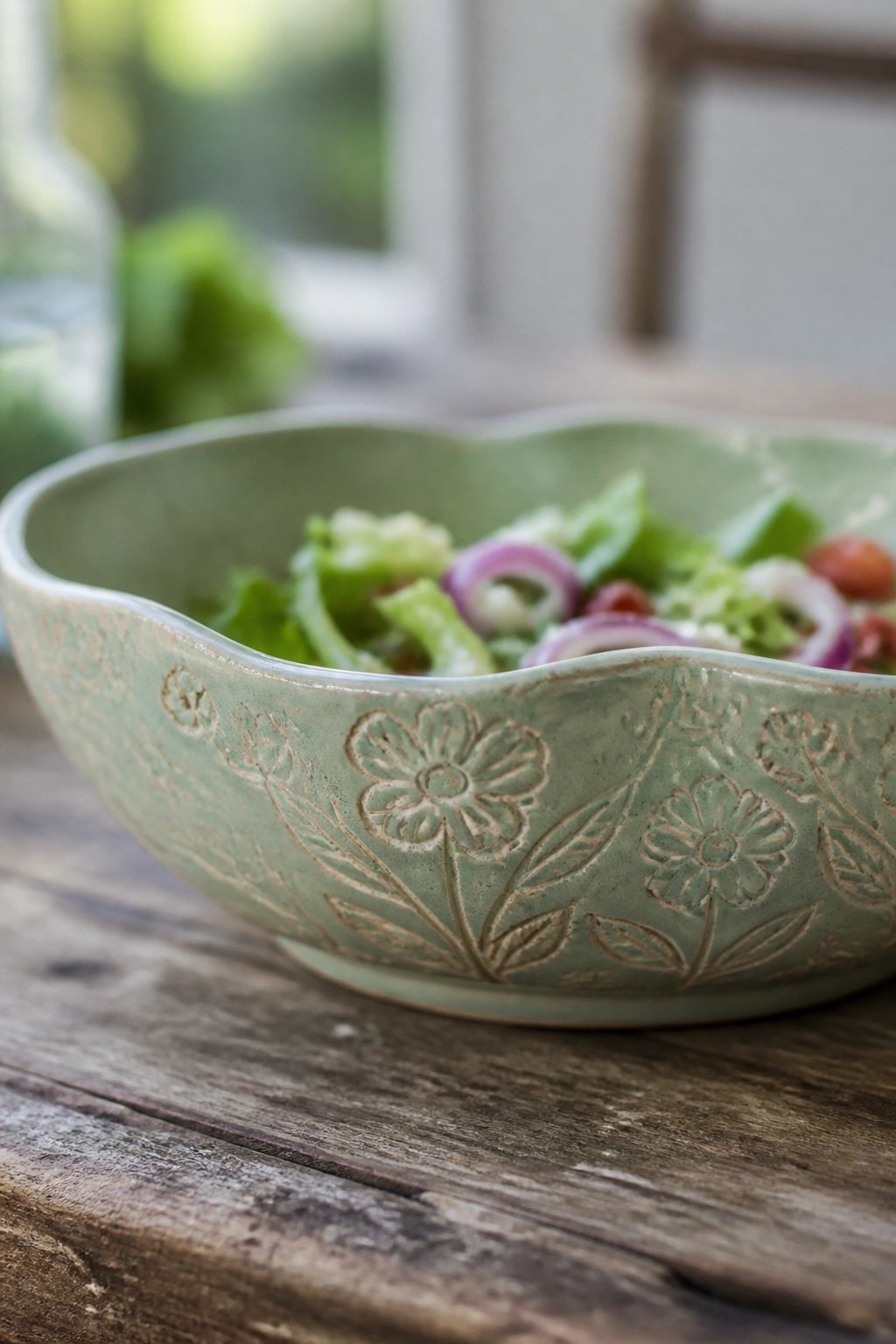 Green floral ceramic bowl with fresh salad on rustic wooden table
