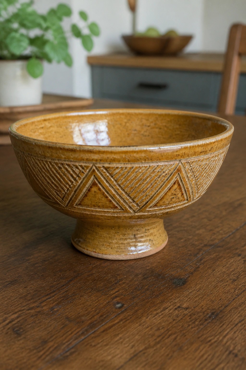 Footed ochre ceramic bowl with geometric carvings on wooden table.