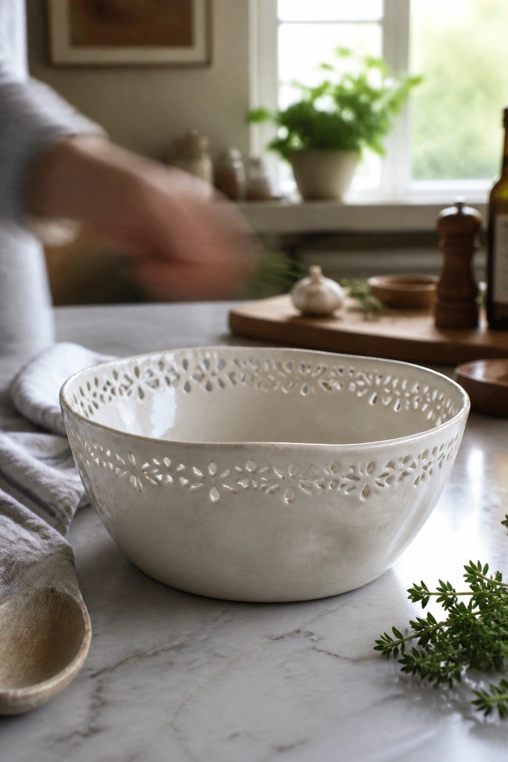 White ceramic bowl with floral cutout rim on marble counter beside herbs and spoon
