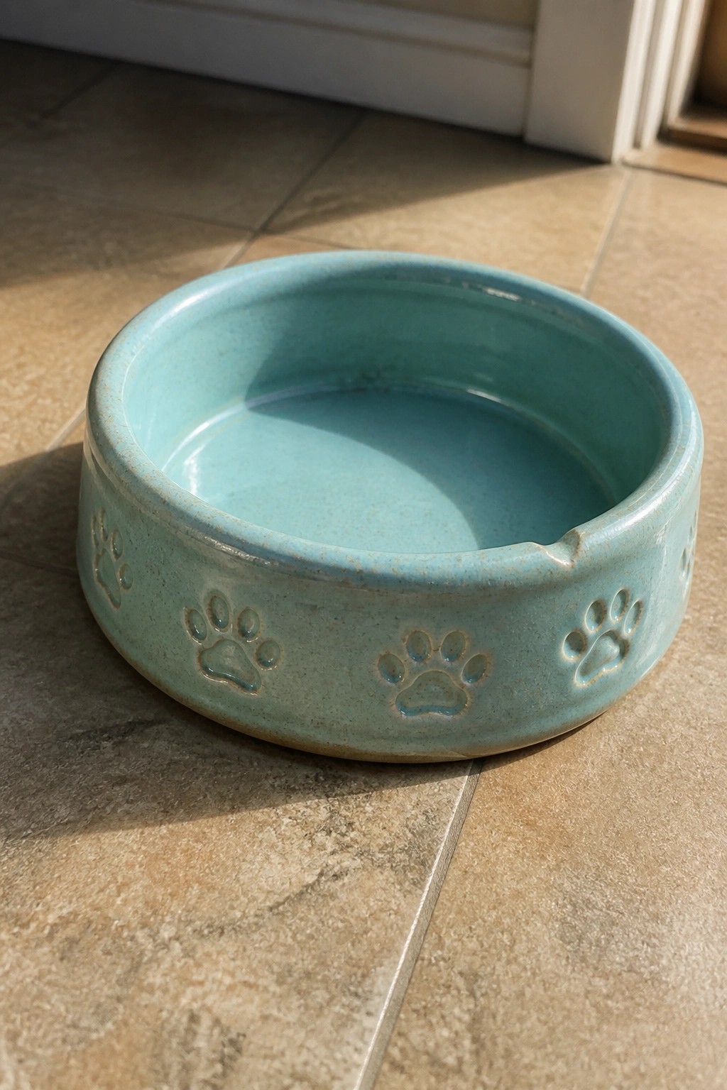 Turquoise ceramic pet bowl with embossed paw prints on tiled floor in sunlight
