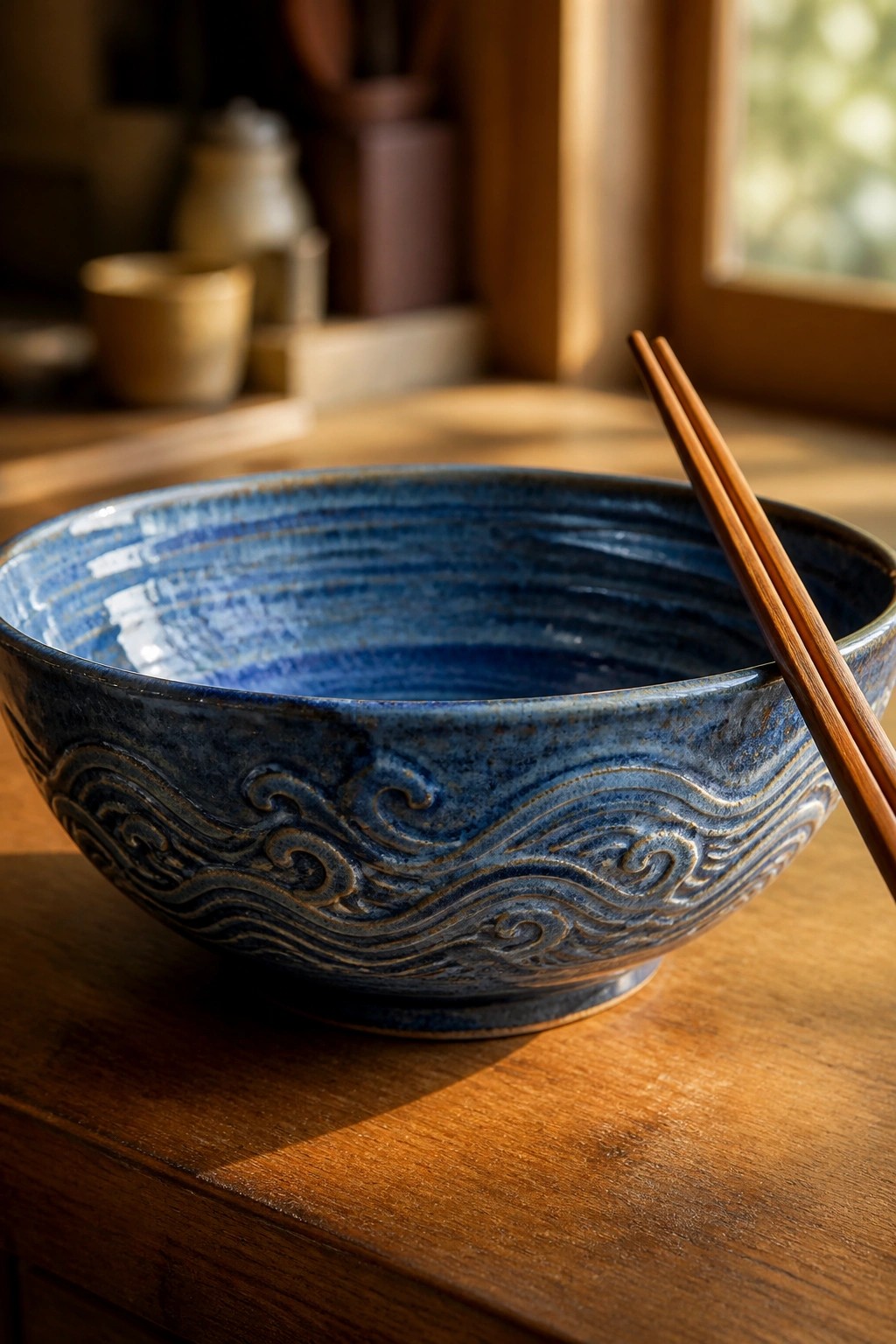 Blue ceramic bowl with wave patterns and chopsticks on sunlit wooden table