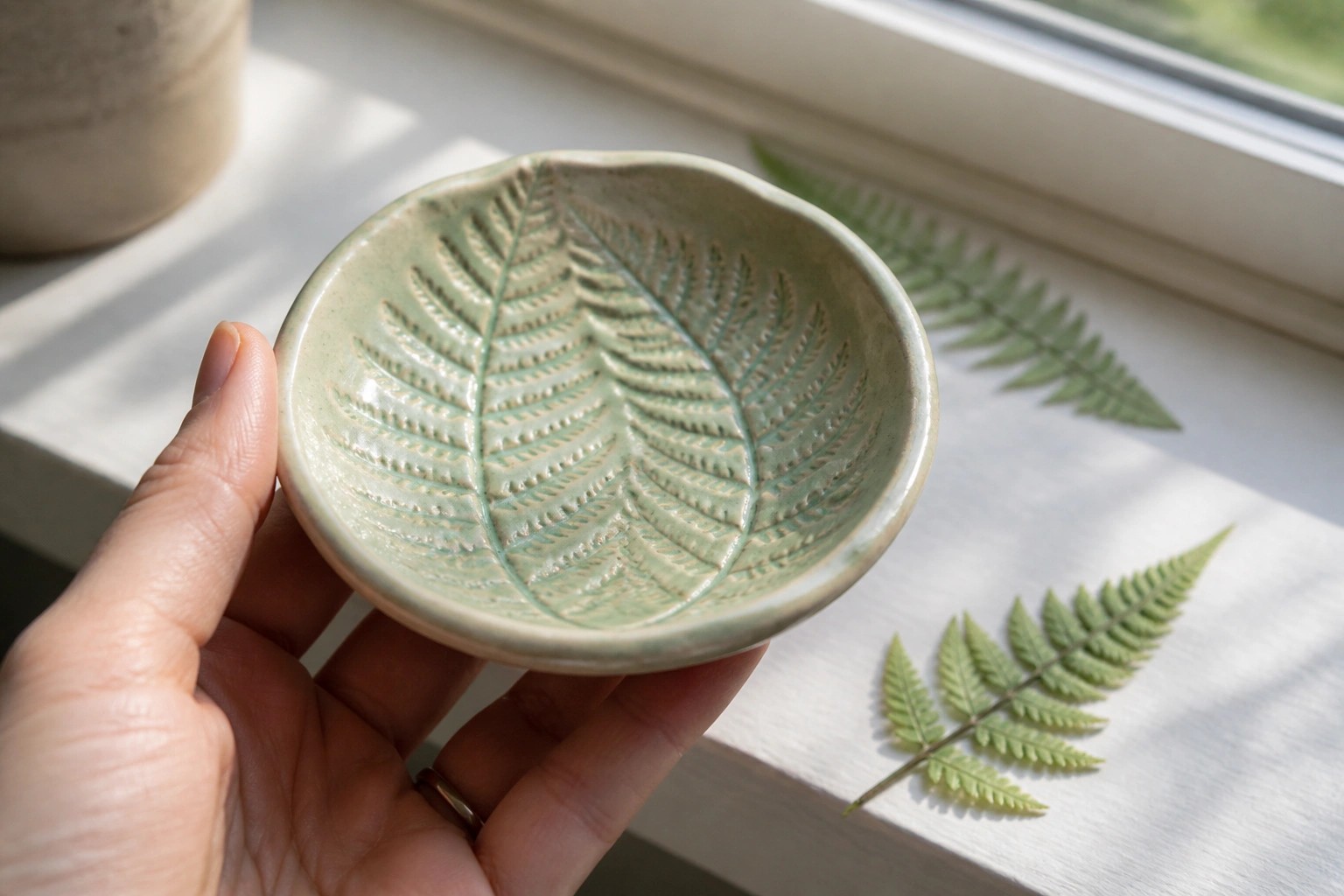 Hand holding small green ceramic bowl with embossed fern patterns on sunlit windowsill
