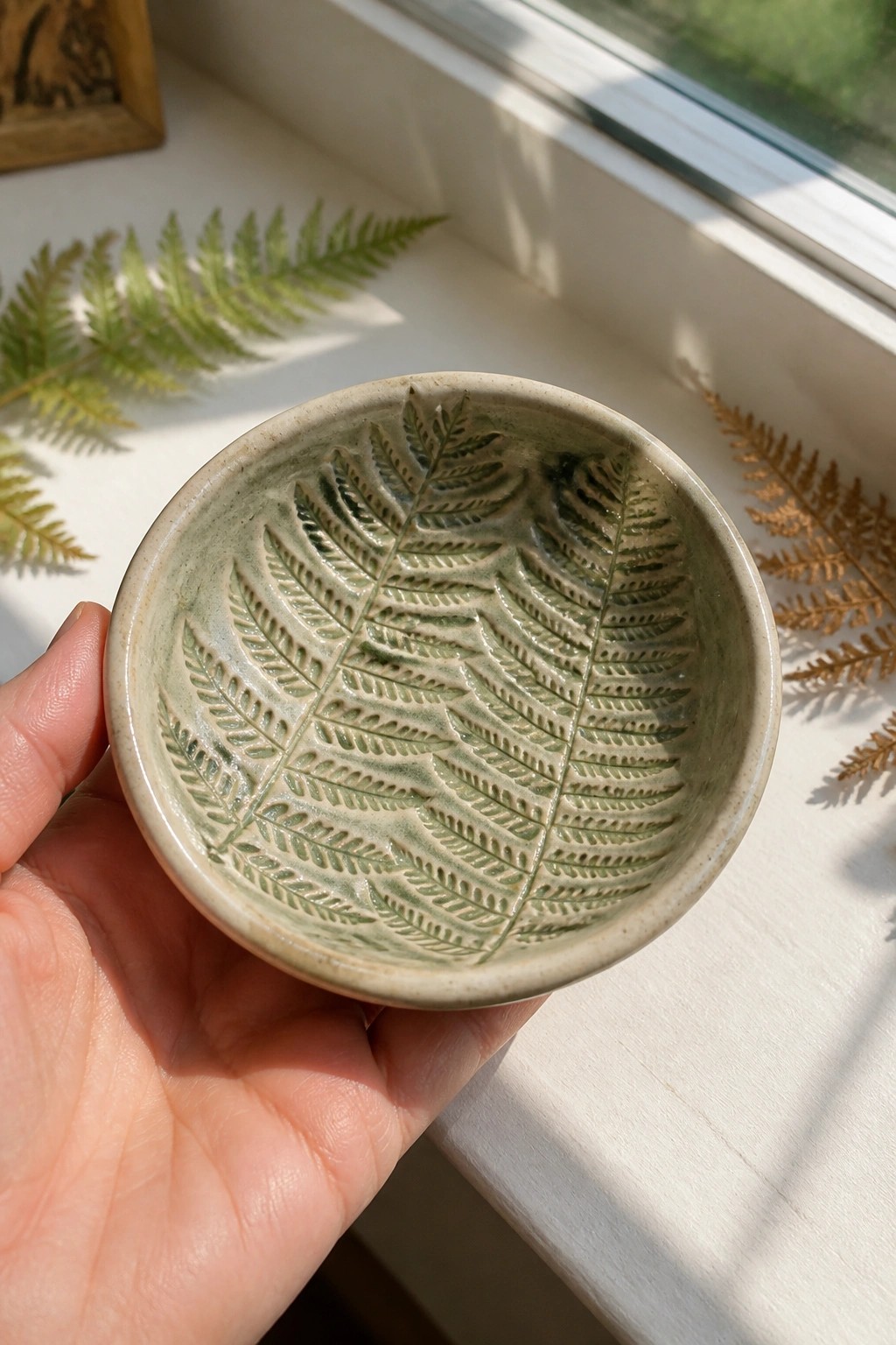 Hand holding small green ceramic bowl with embossed fern patterns on sunlit windowsill