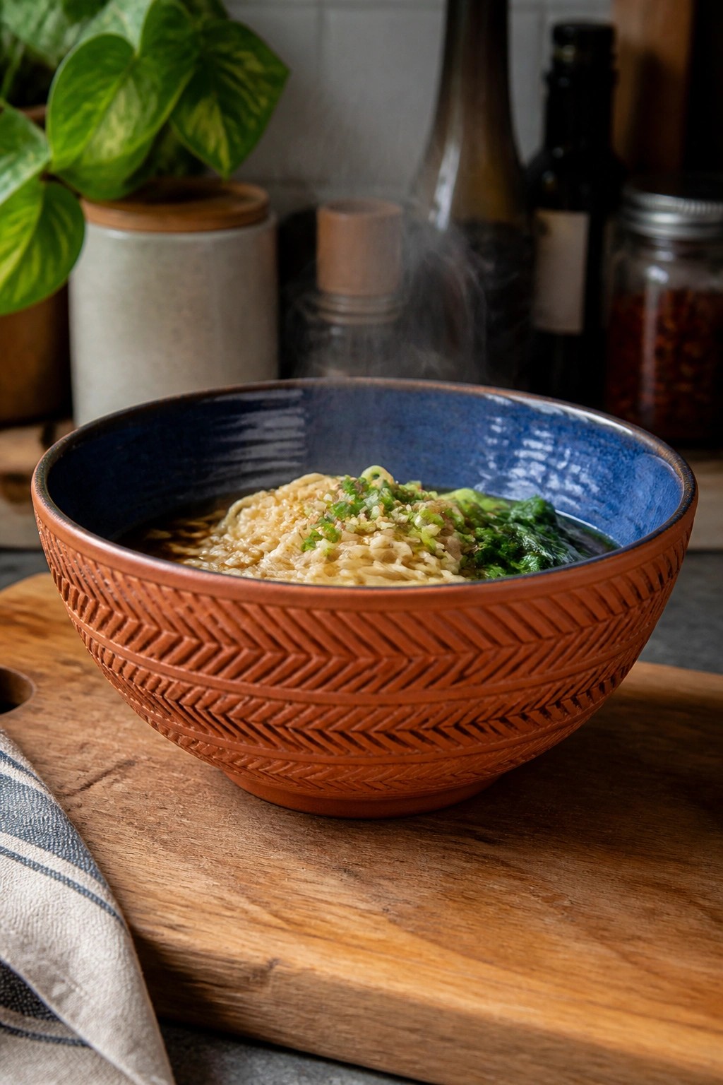 Steaming noodle soup with greens in blue-rimmed terracotta patterned bowl on wooden board
