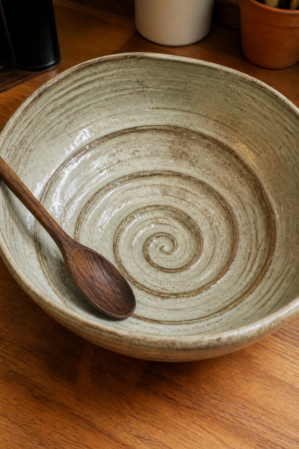 Ceramic bowl with spiral ridges and wooden spoon on wooden table