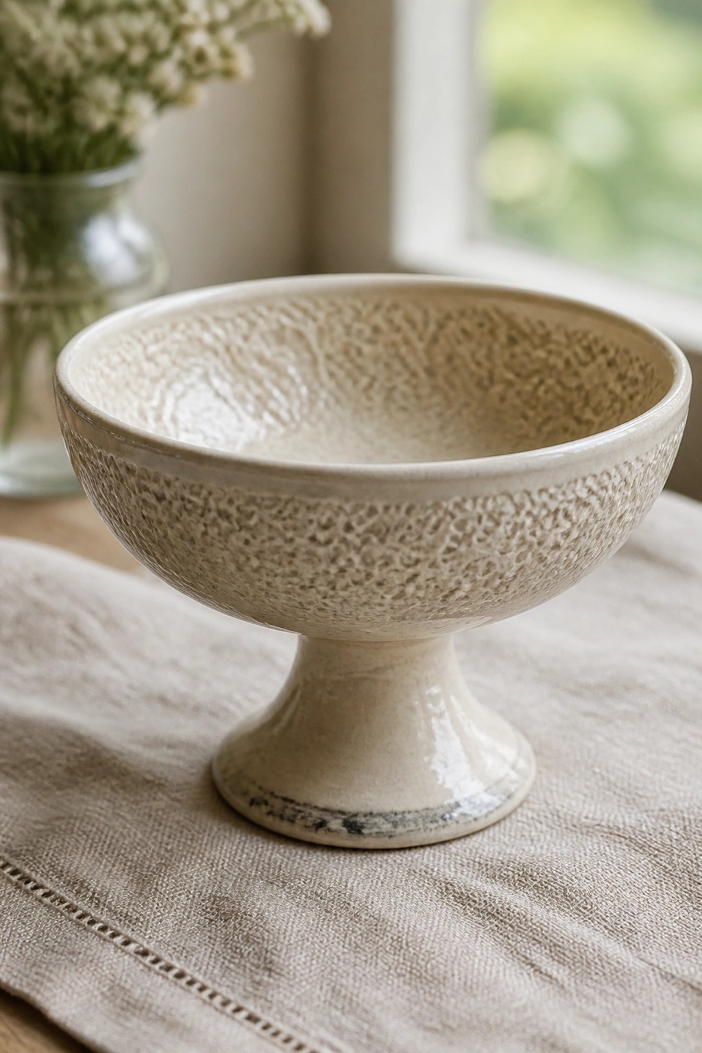 Textured cream ceramic pedestal bowl on beige linen cloth with flowers nearby