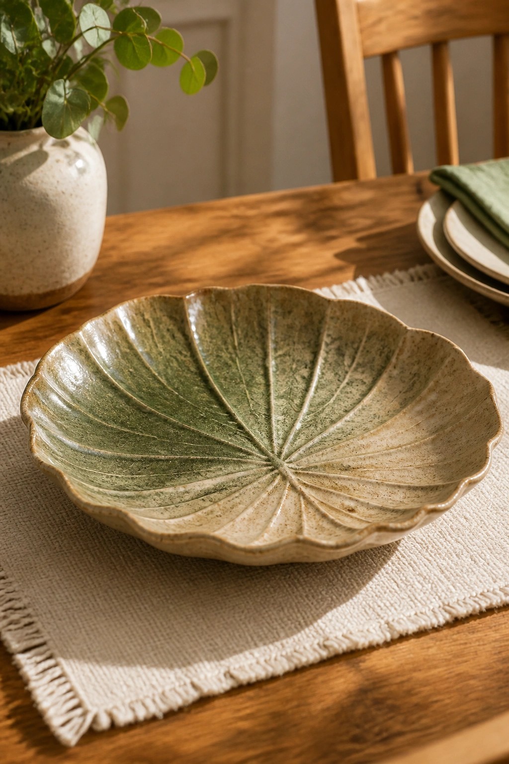 Green leaf-shaped ceramic bowl on fringed white placemat atop wooden table