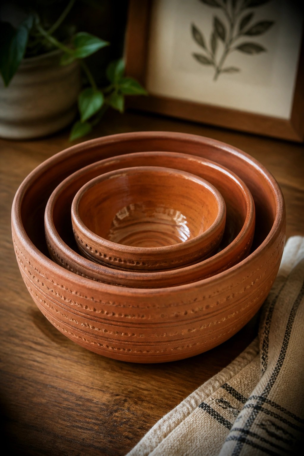 Nested terracotta bowls on wooden table beside striped linen cloth