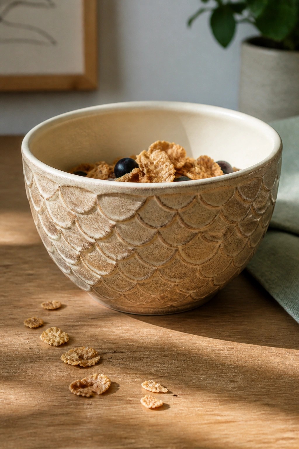 Textured ceramic bowl of cereal and blueberries on wooden table with scattered flakes