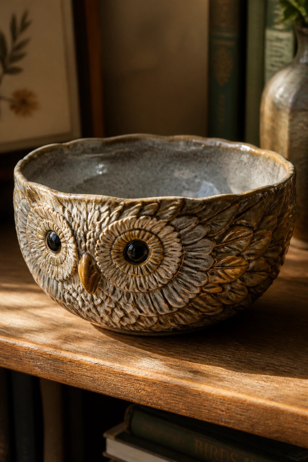 Ceramic owl bowl with detailed feathers, large eyes, and beak on wooden shelf