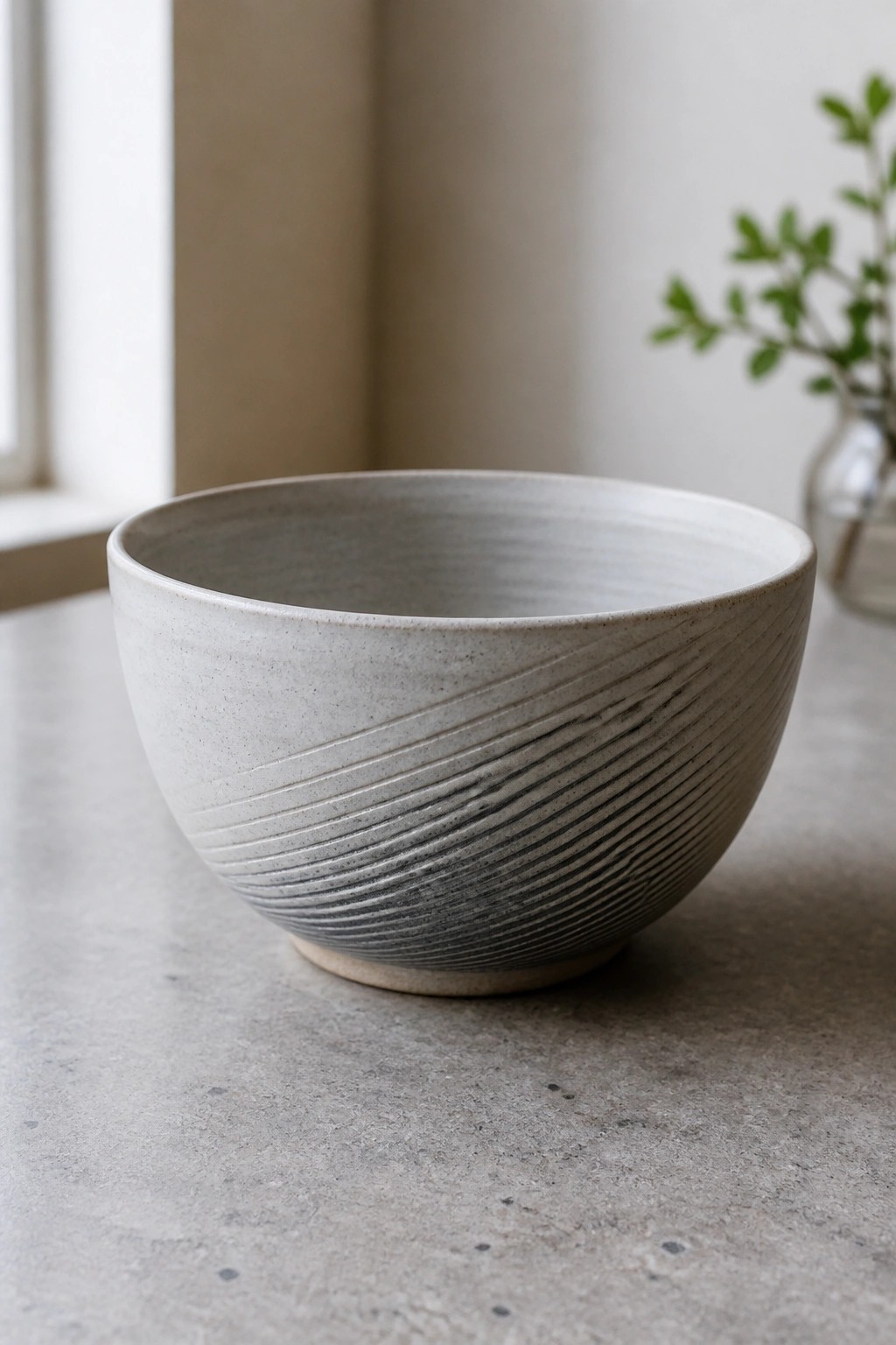 Ceramic bowl with etched ridges on a concrete countertop near a plant.