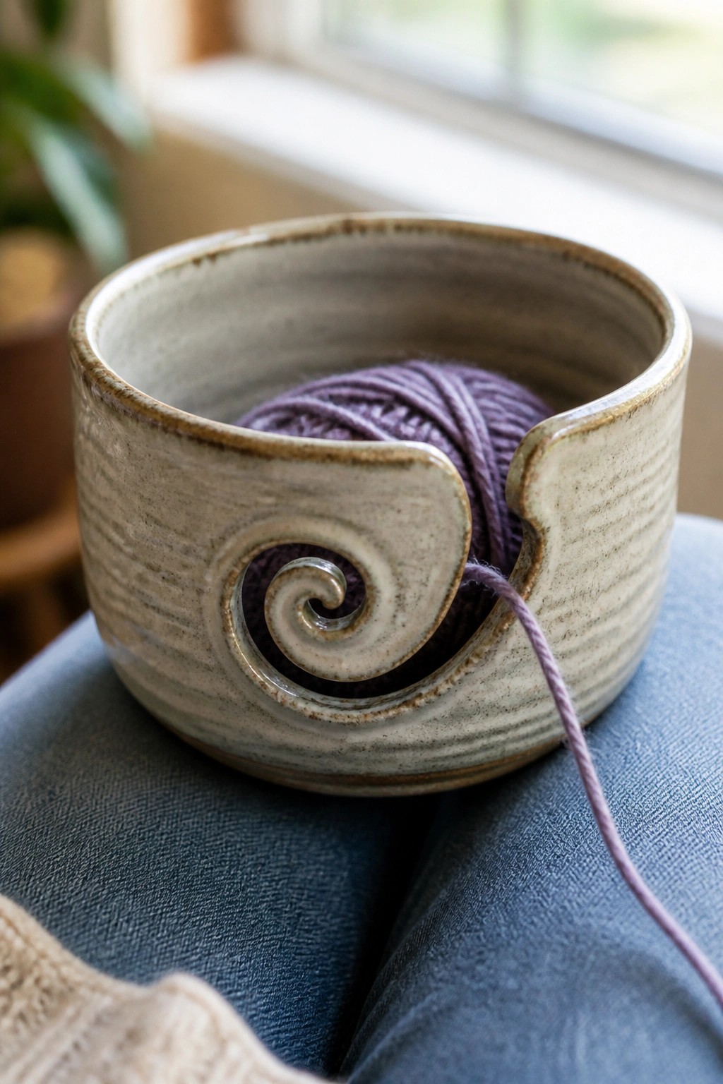 Ceramic yarn bowl with purple yarn on blue denim near beige knit
