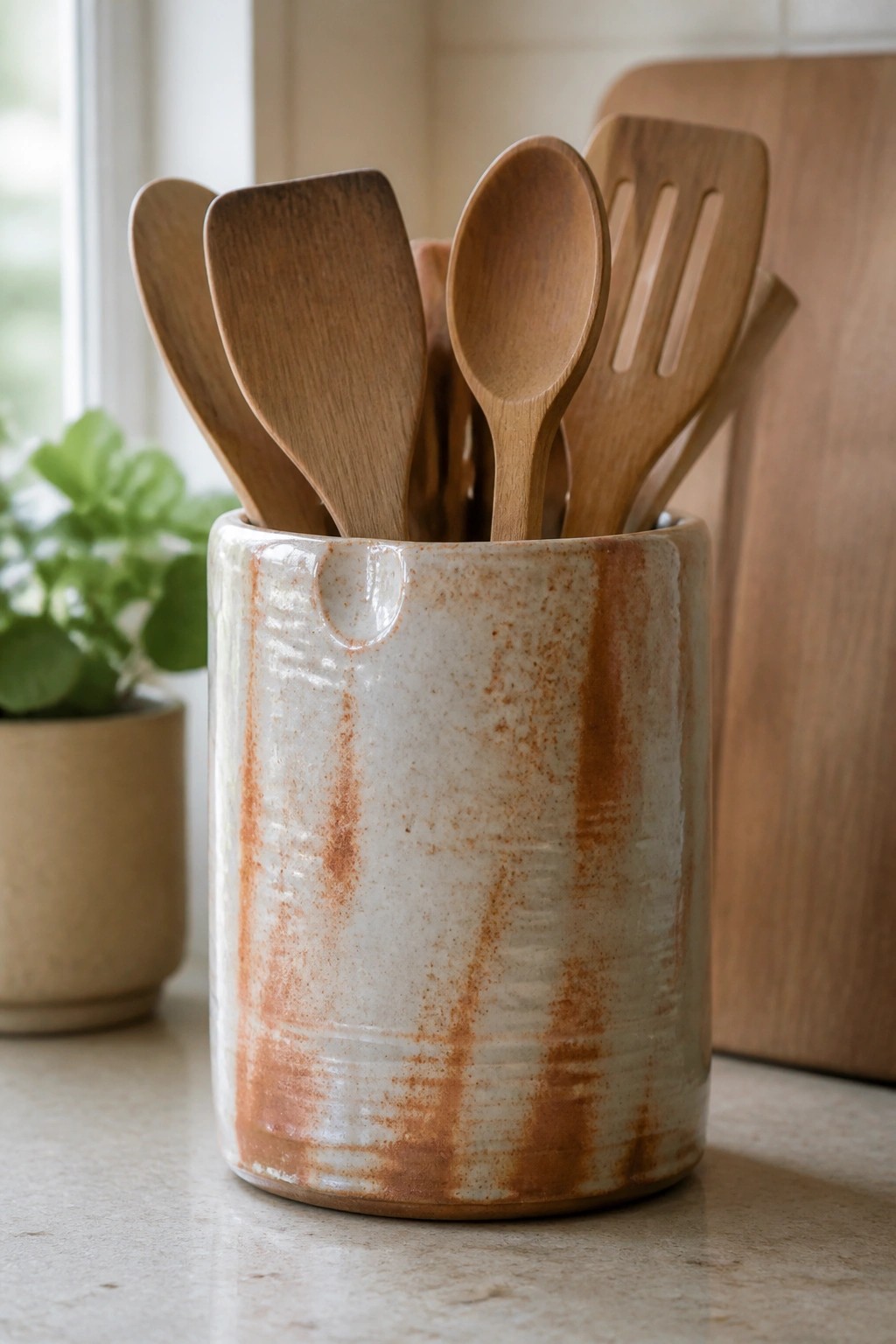 Rustic ceramic crock holding wooden spoons and spatulas on kitchen counter