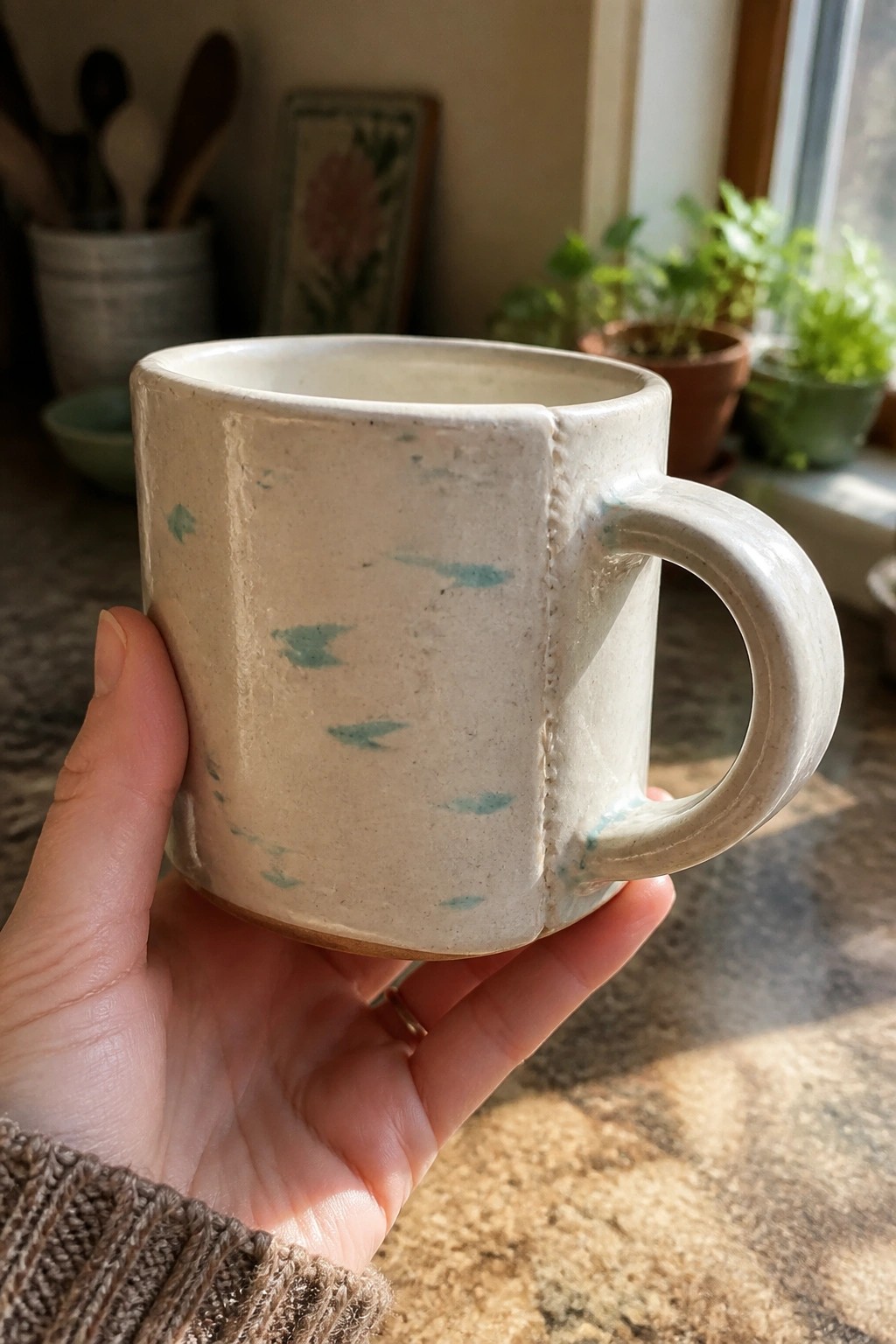 Hand in brown knit sweater holding speckled off-white ceramic mug with blue splatters.