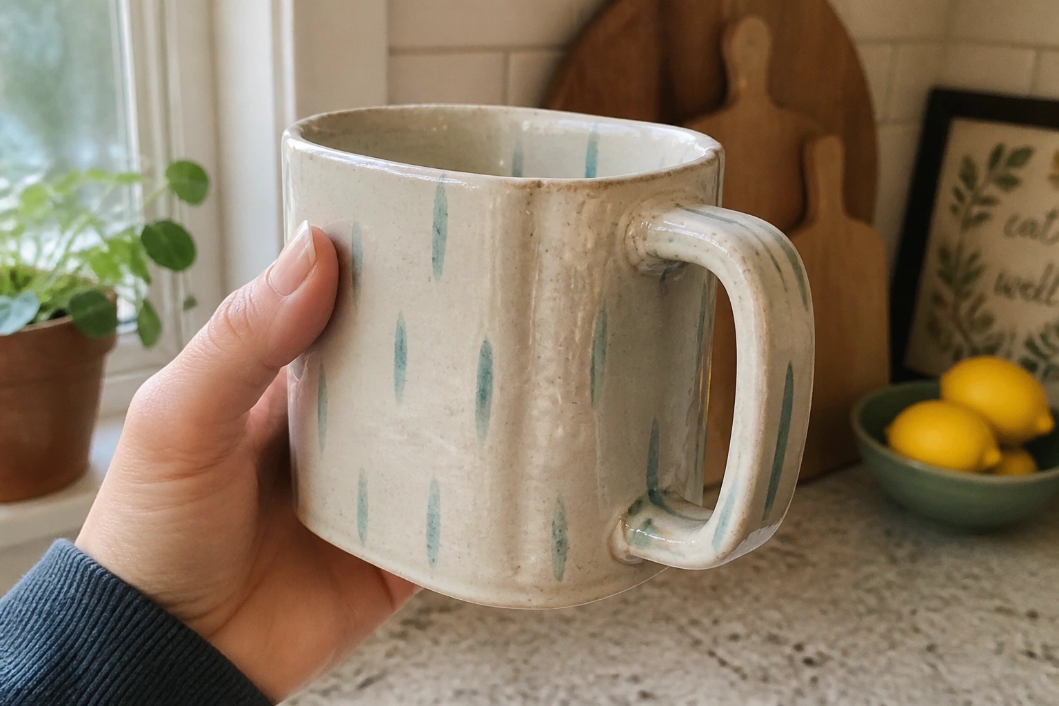 Hand in brown knit sweater holding speckled off-white ceramic mug with blue splatters.