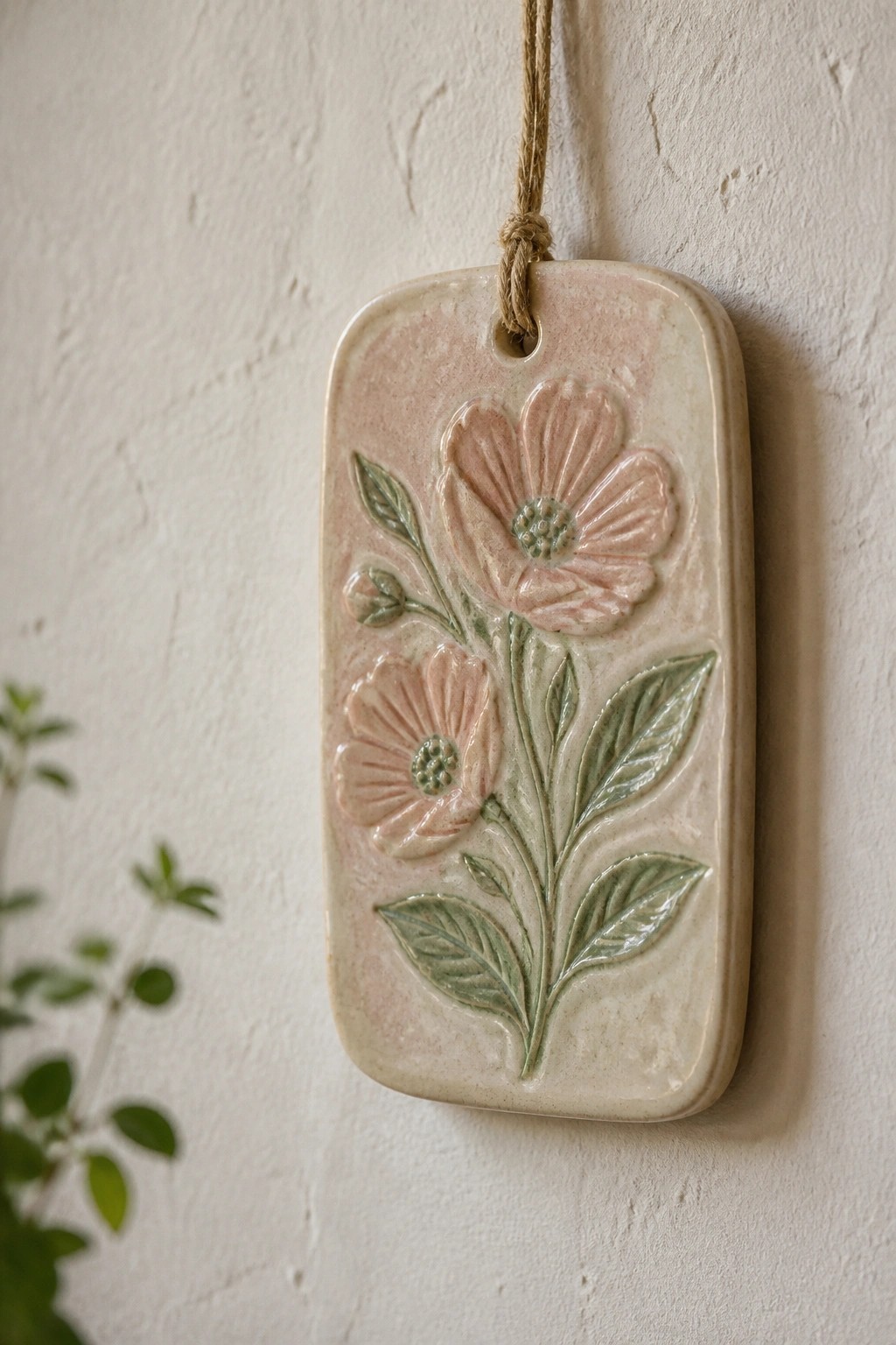 Ceramic plaque with pink flowers and green leaves hanging on white wall by twine