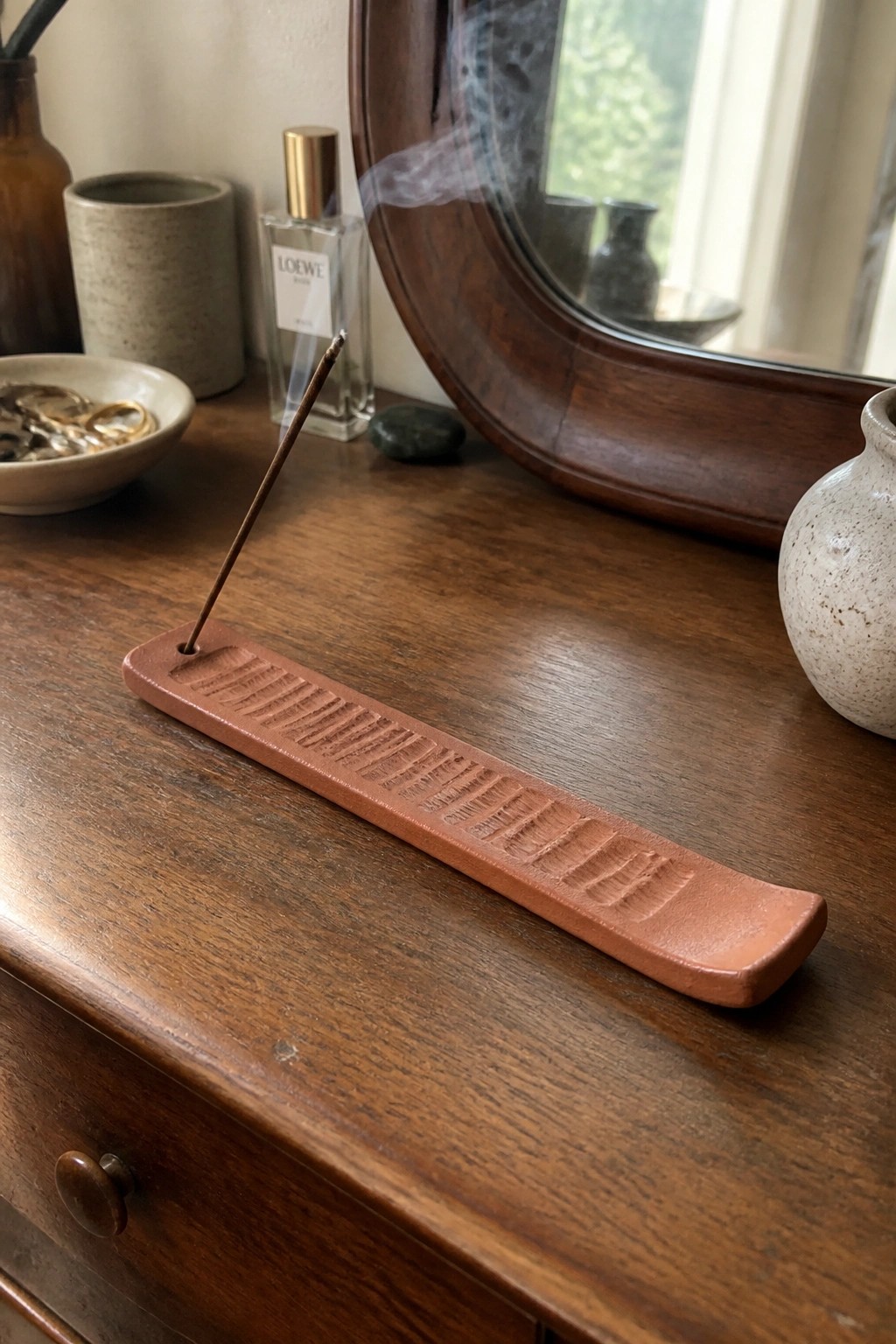 Burning incense in grooved terracotta holder on wooden dresser with perfume and mirror