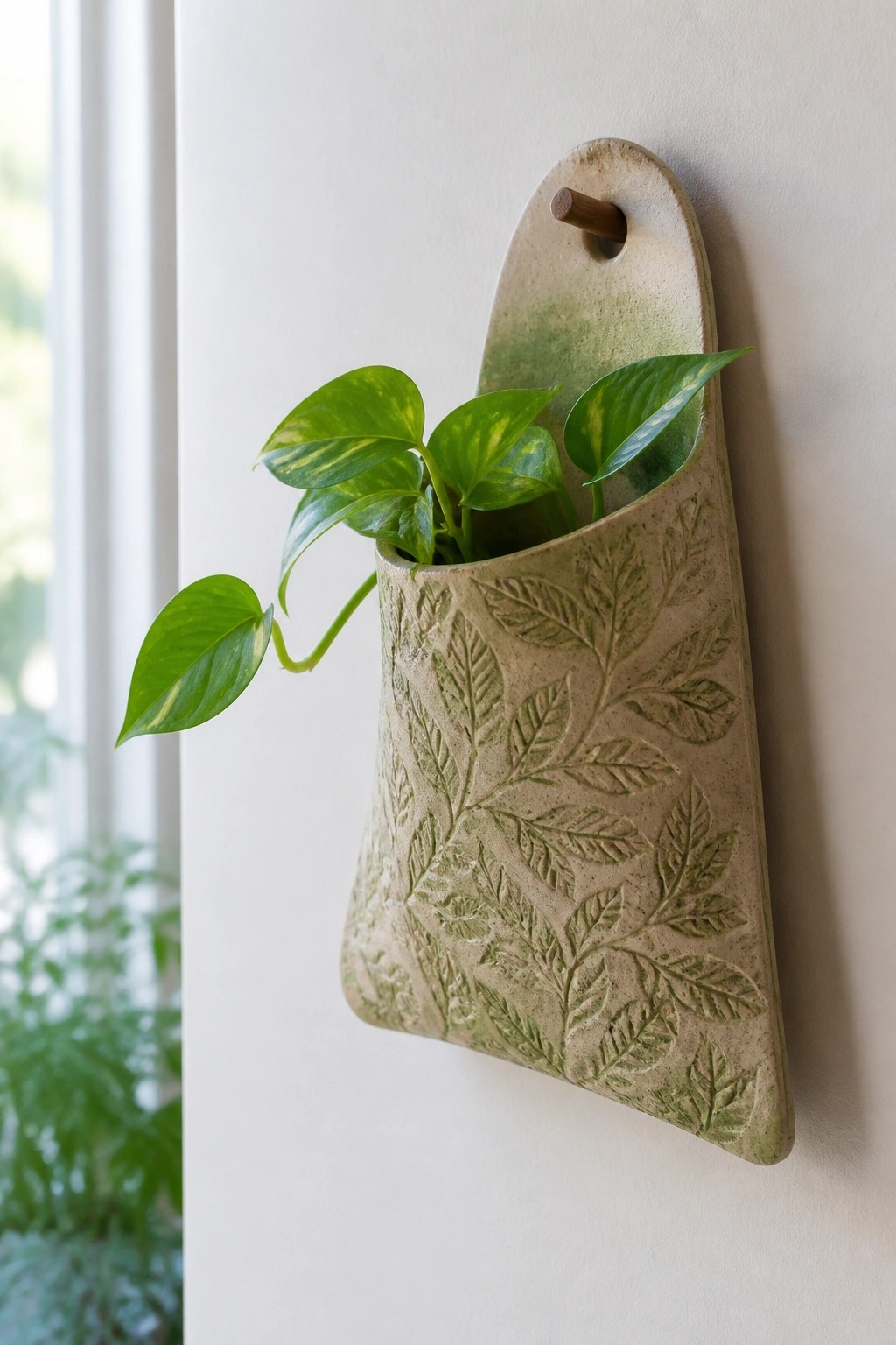 Ceramic wall-hanging planter with leaf motifs holding a variegated green pothos plant