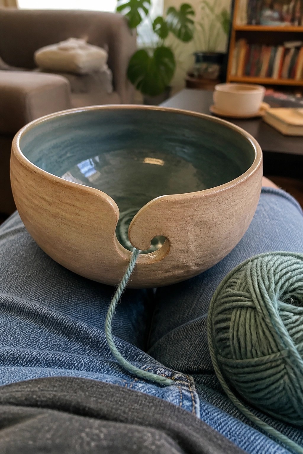 Ceramic yarn bowl with teal interior and green yarn on blue denim jeans