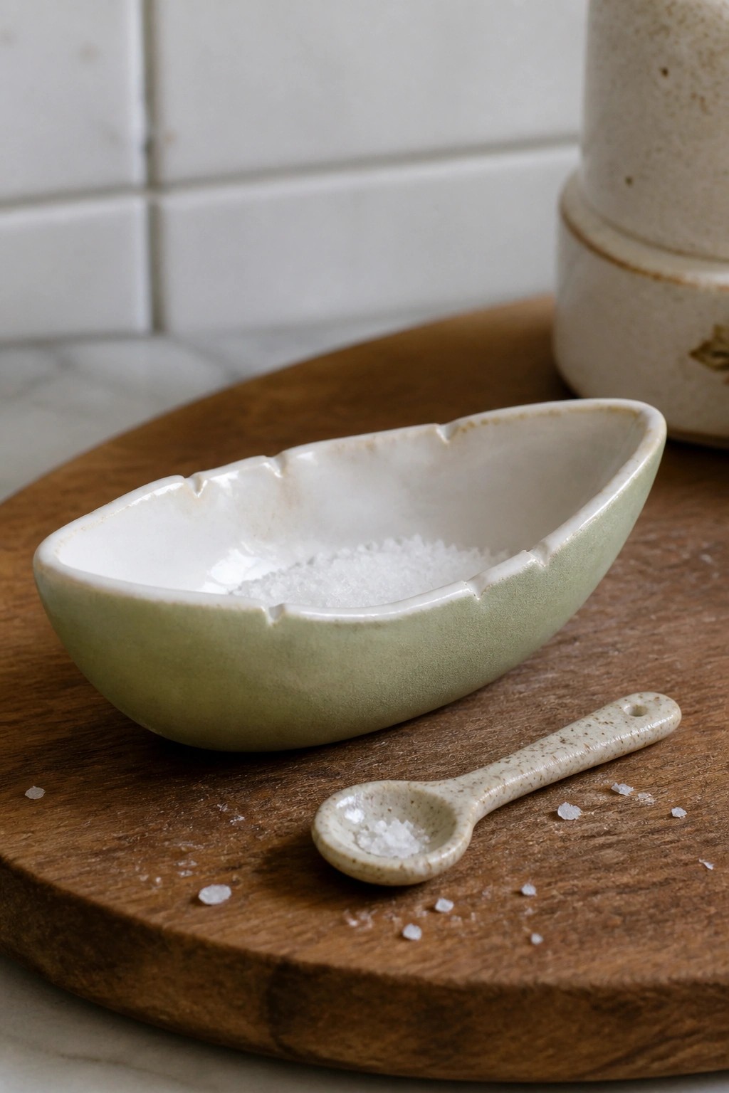 Sage green ceramic bowl of salt with small speckled spoon on wooden board