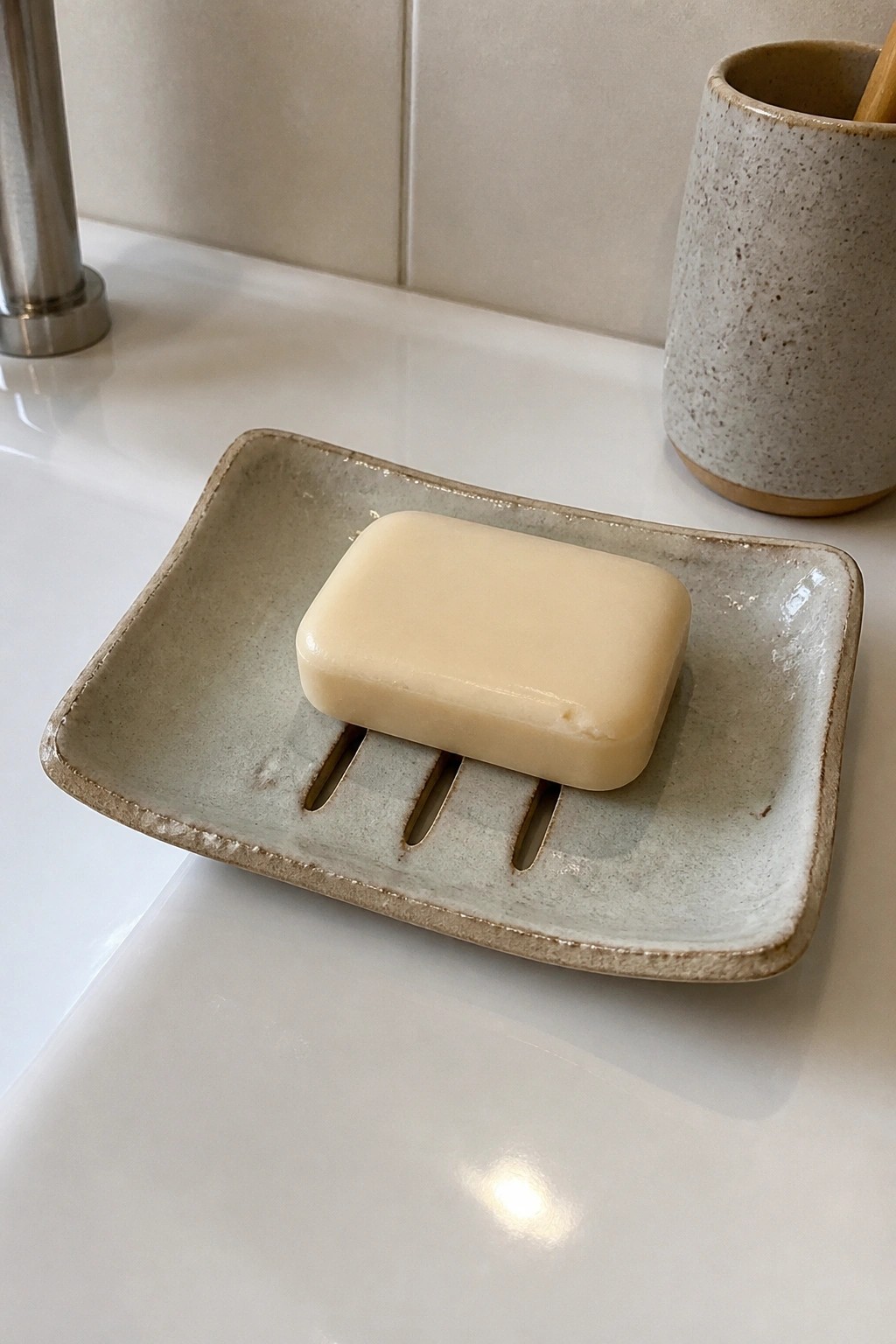Beige soap bar on a ridged ceramic dish atop a white bathroom sink