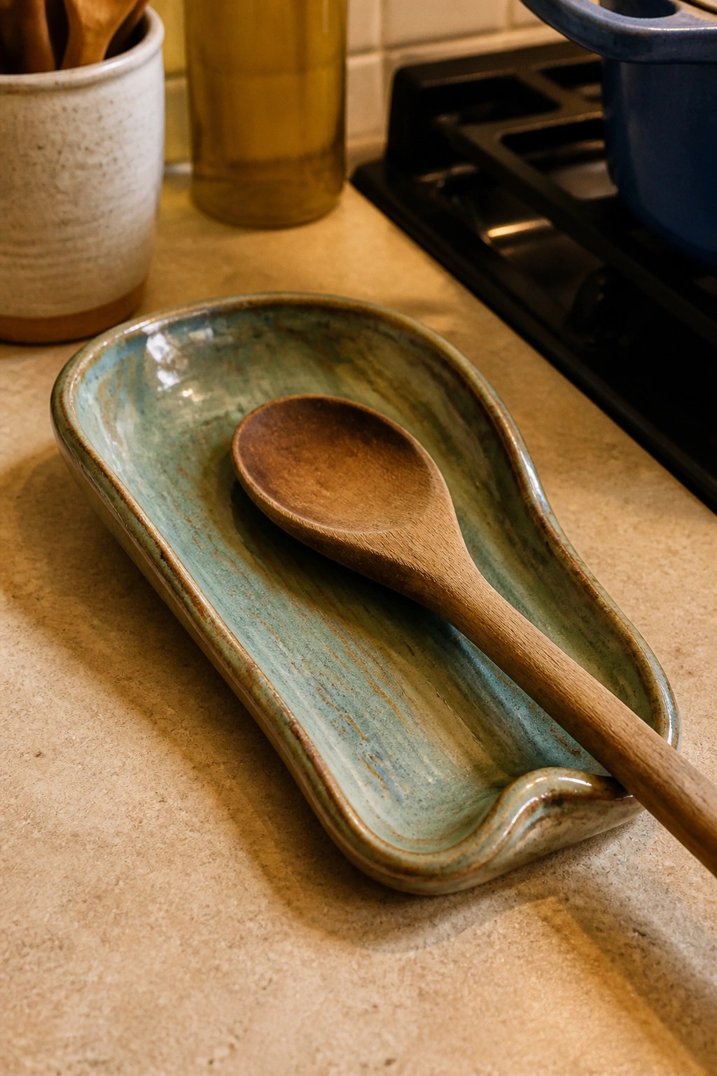 Wooden spoon resting on turquoise ceramic tray on kitchen countertop near stove
