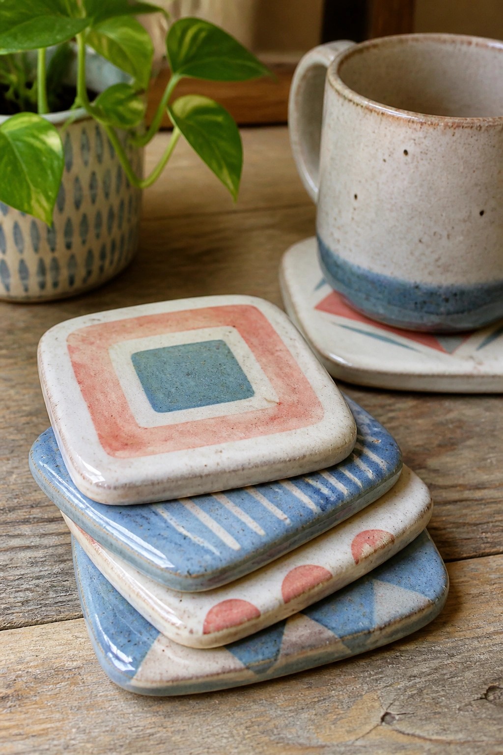 Stack of colorful geometric ceramic coasters with mug and plant on wooden table