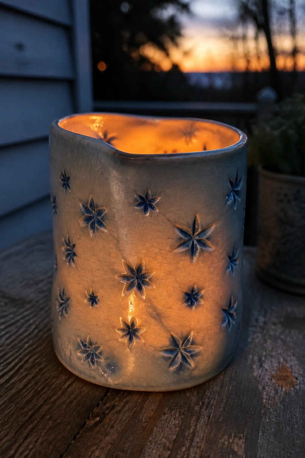 A lit ceramic candle holder with impressed blue star patterns rests on a wooden surface outdoors at sunset.