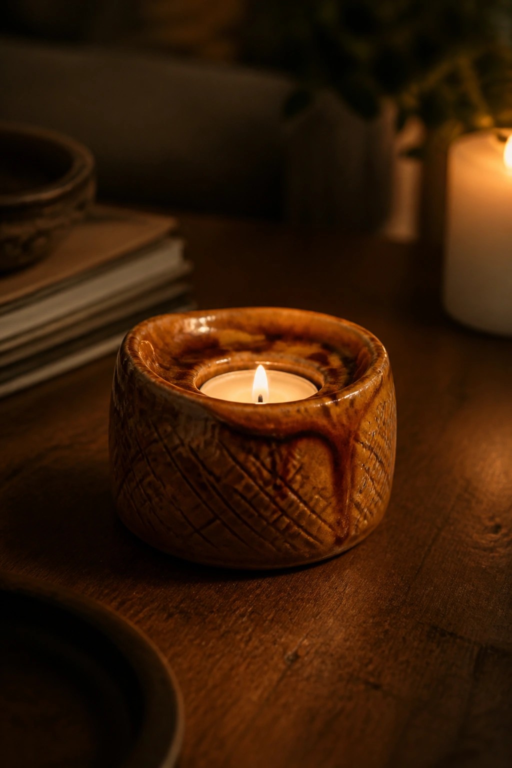 Lit candle in textured brown ceramic holder on wooden table with books nearby.