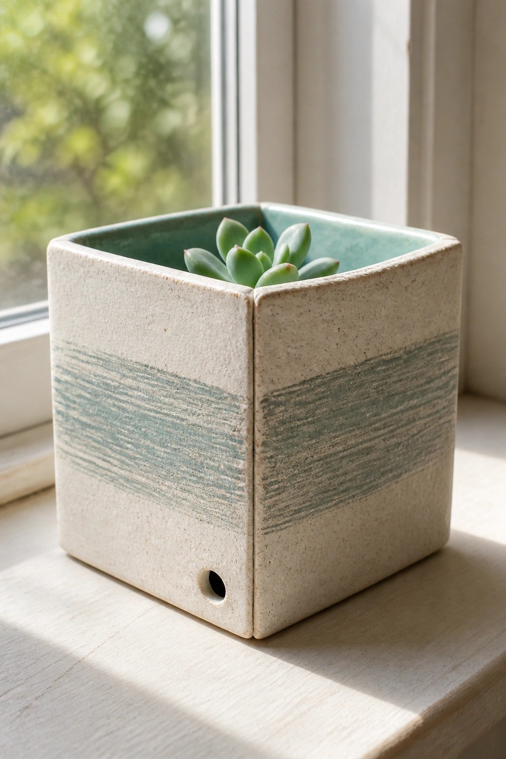 Square beige ceramic planter with green succulent on sunlit windowsill