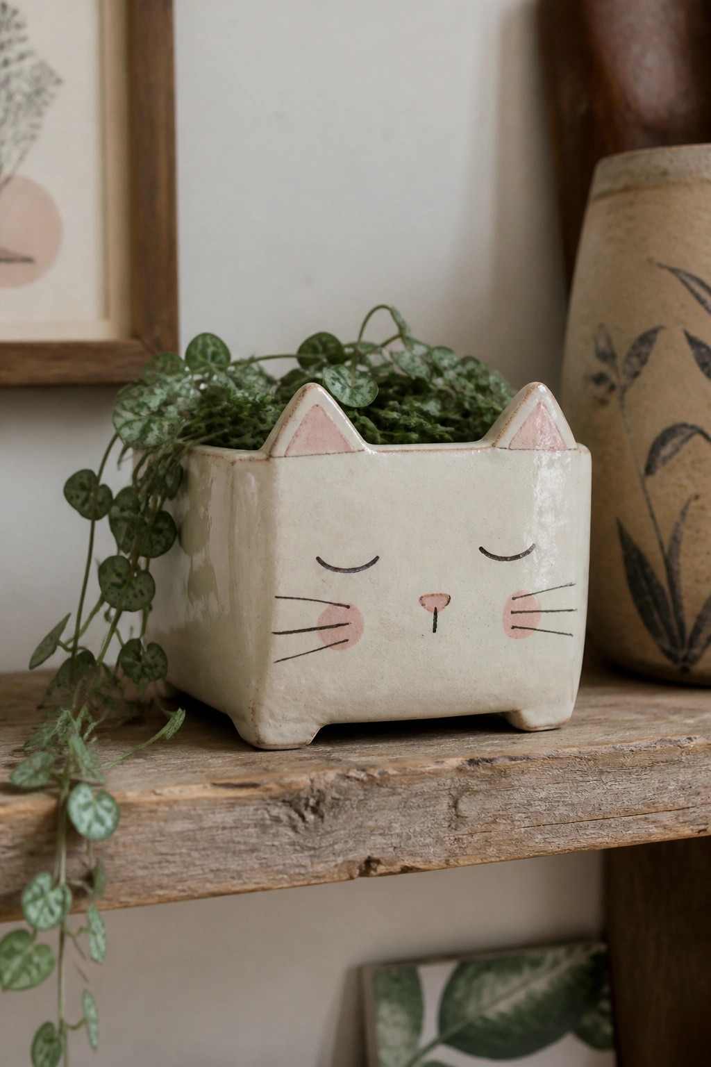 White ceramic cat planter with pink ears and closed eyes holding trailing plant on wood shelf.