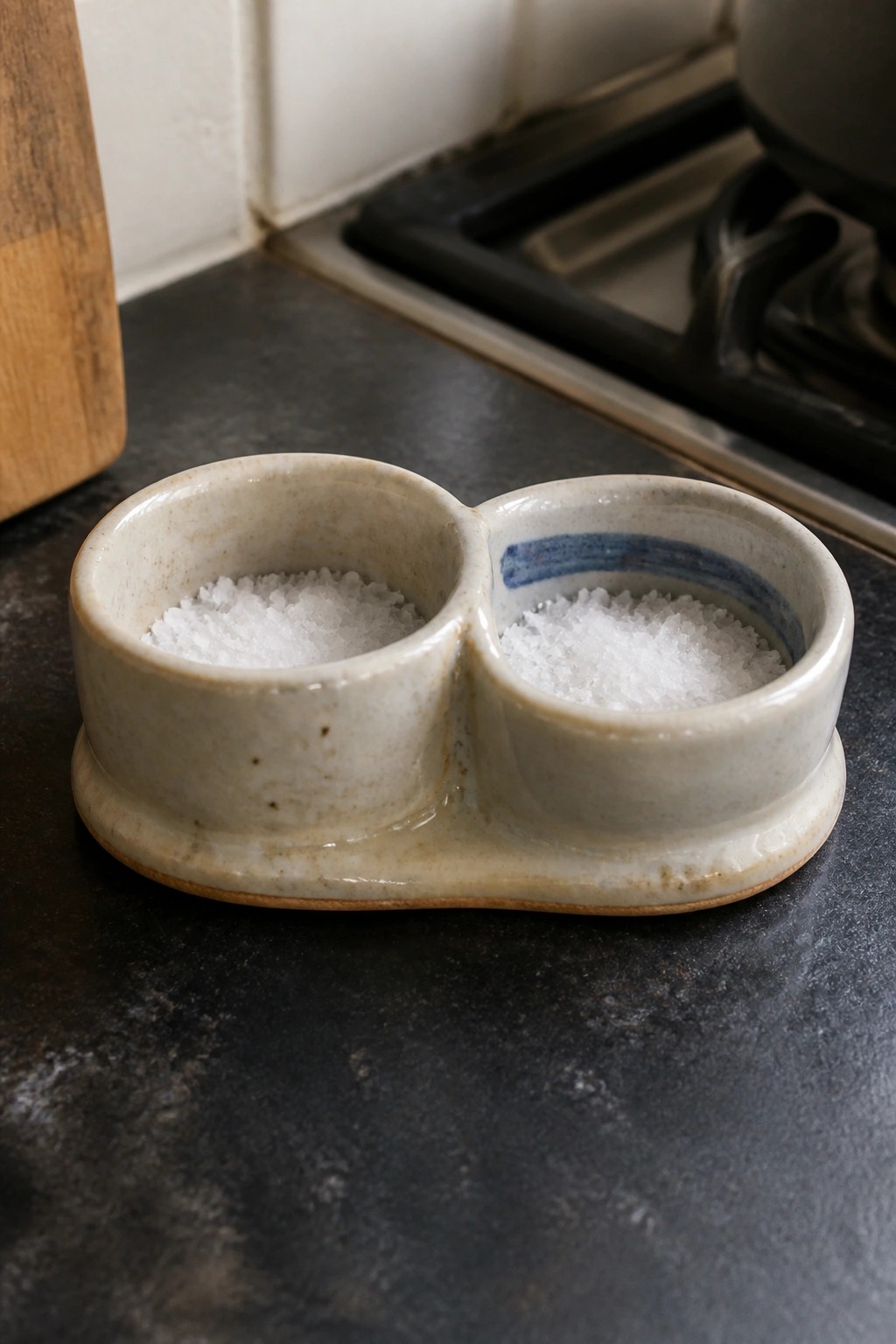 Double ceramic bowl filled with salt on dark kitchen countertop