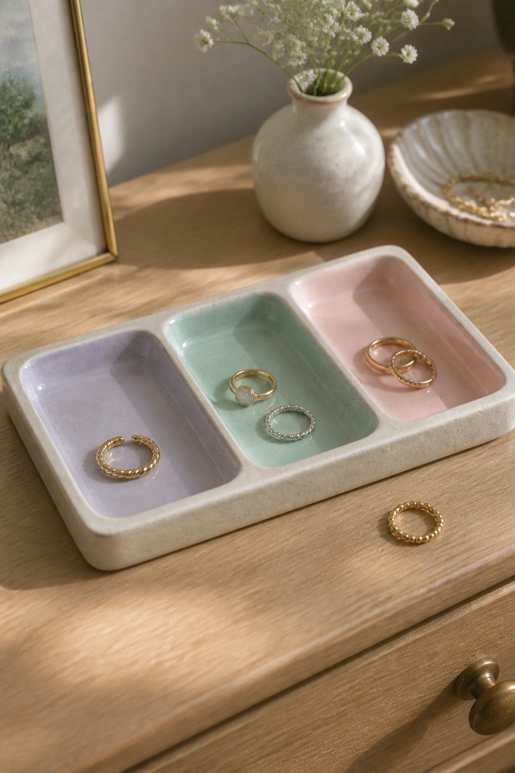 Pastel three-compartment ceramic tray holding gold and silver rings on wood