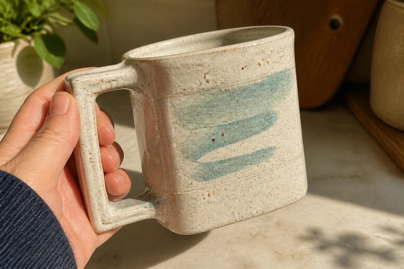 Hand holds speckled white ceramic mug with turquoise brushstroke stripes.