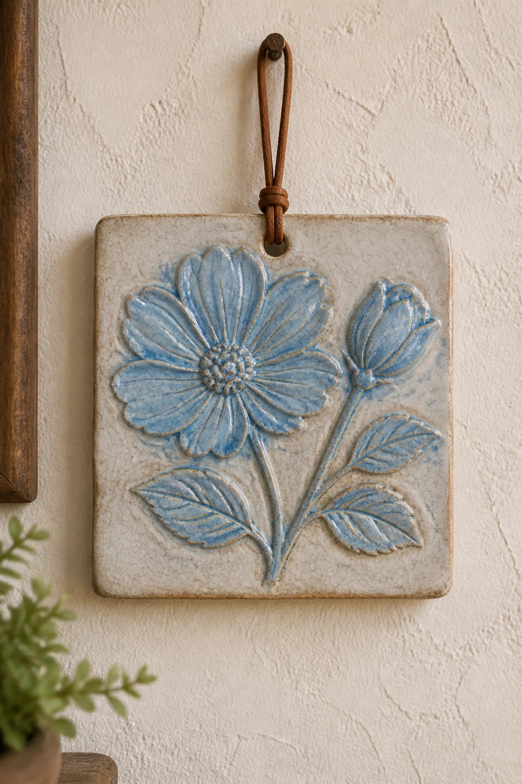 Square ceramic tile with blue floral relief hanging from leather cord on wall