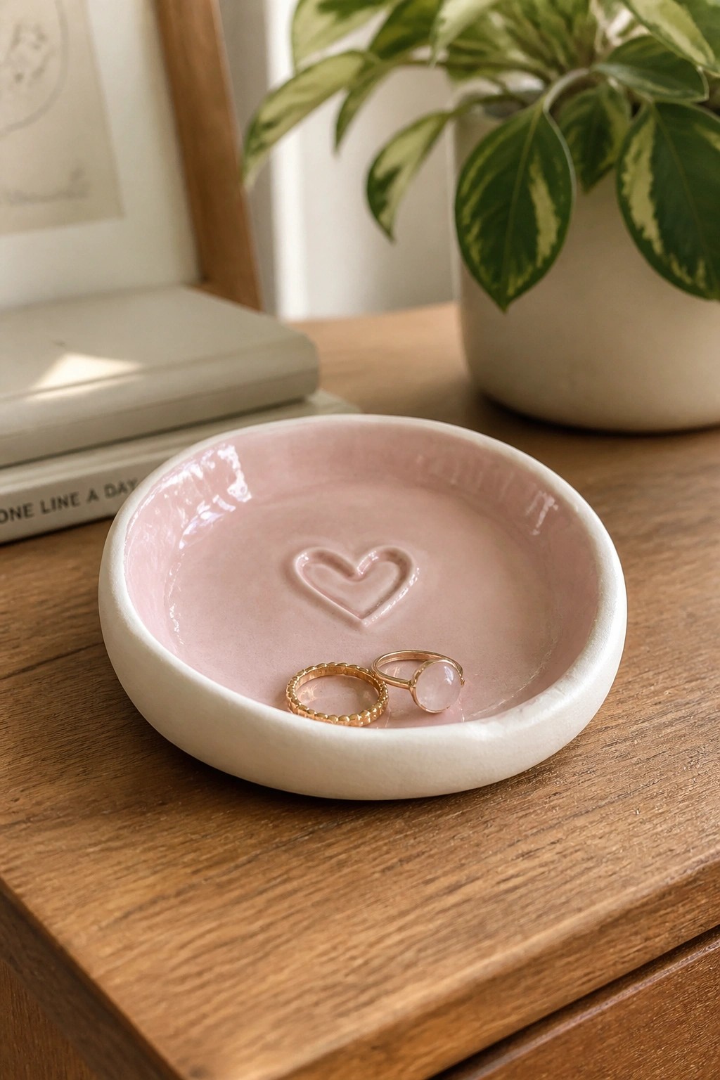 Pink ceramic bowl with heart design holding two gold rings on wooden table