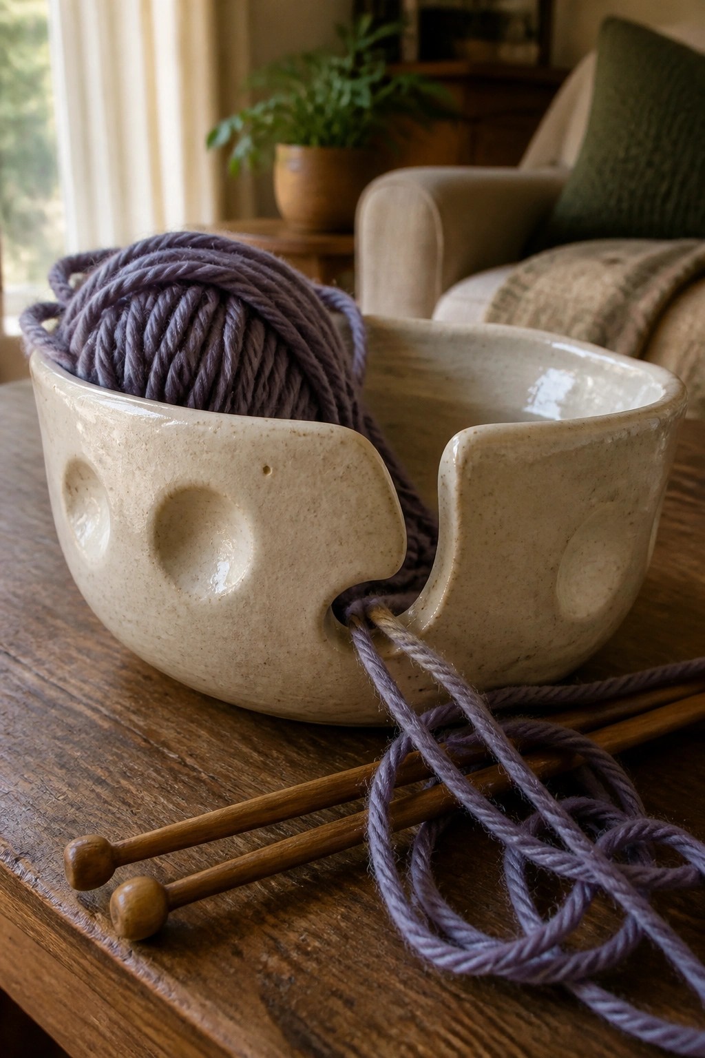 Ceramic yarn bowl with purple wool and wooden knitting needles on table