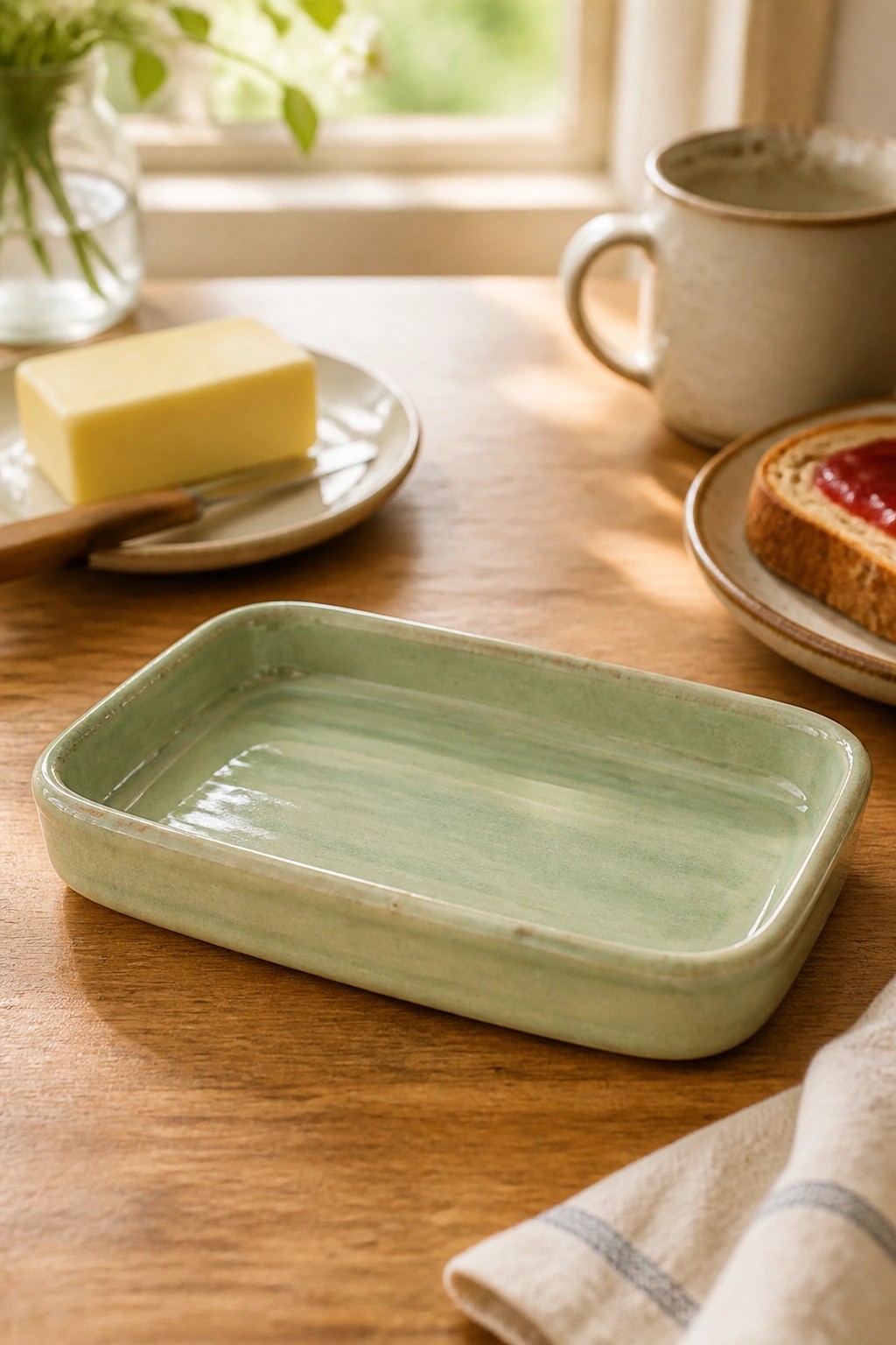 Light green ceramic tray on wooden table with butter, toast, and mug